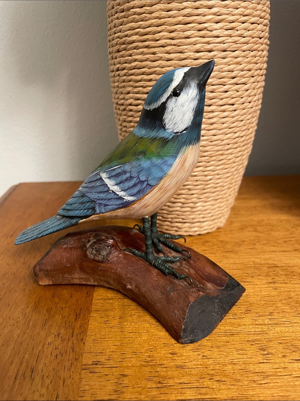 BOXER & ASHFIELD Hand Carved & Painted BLUE JAY Figurine Sculpture on Wood